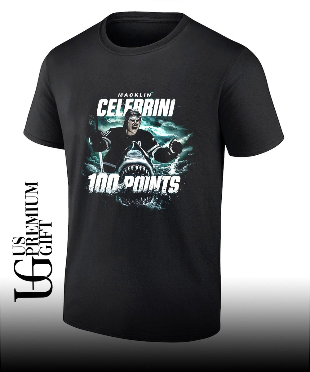 Macklin Celebrini 100 Points San Jose Sharks hockey shirt Unisex T-shirt, Sweatshirt, Hoodie, Long Sleeve Tee - T-Shirt, Sweatshirt, Hoodie