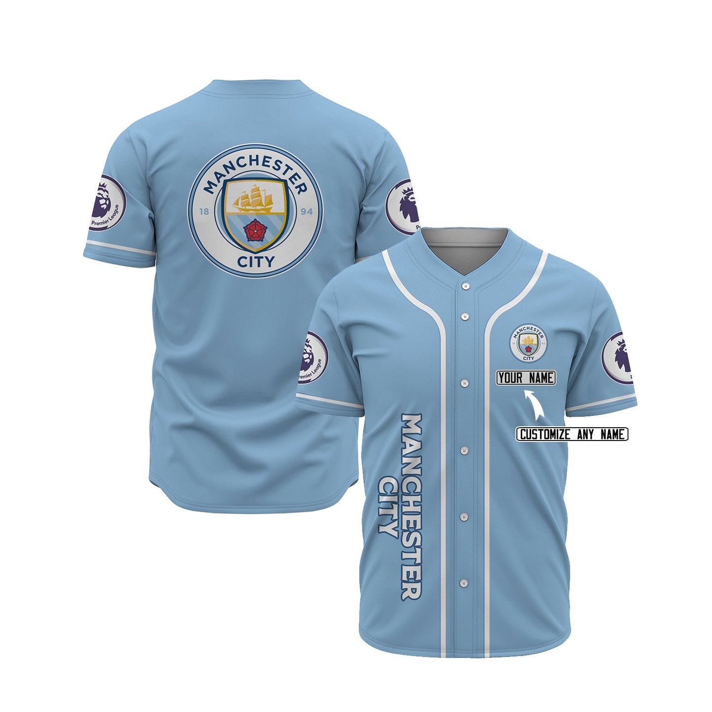 Manchester City Personalized Custom Sky Blue Baseball Jersey baseball jersey product view 1