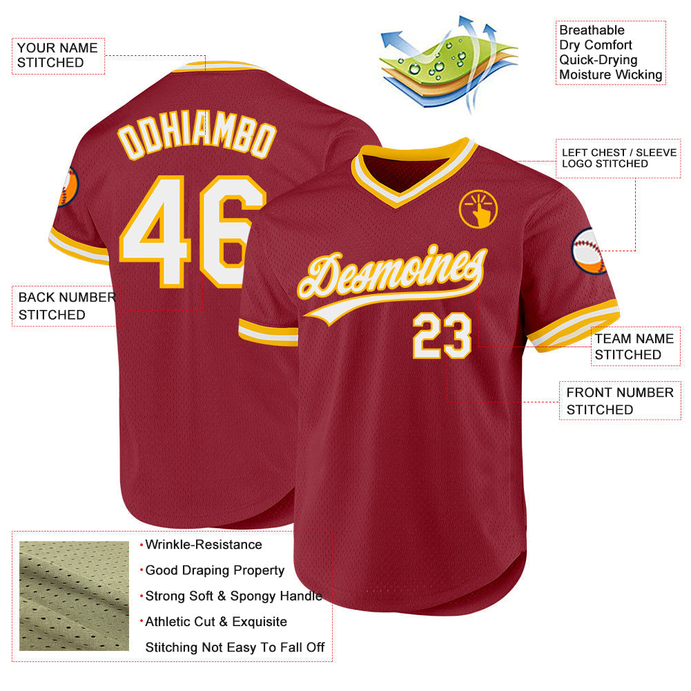 Custom Maroon White-Gold Authentic Throwback Baseball Jersey baseball jersey product view 3