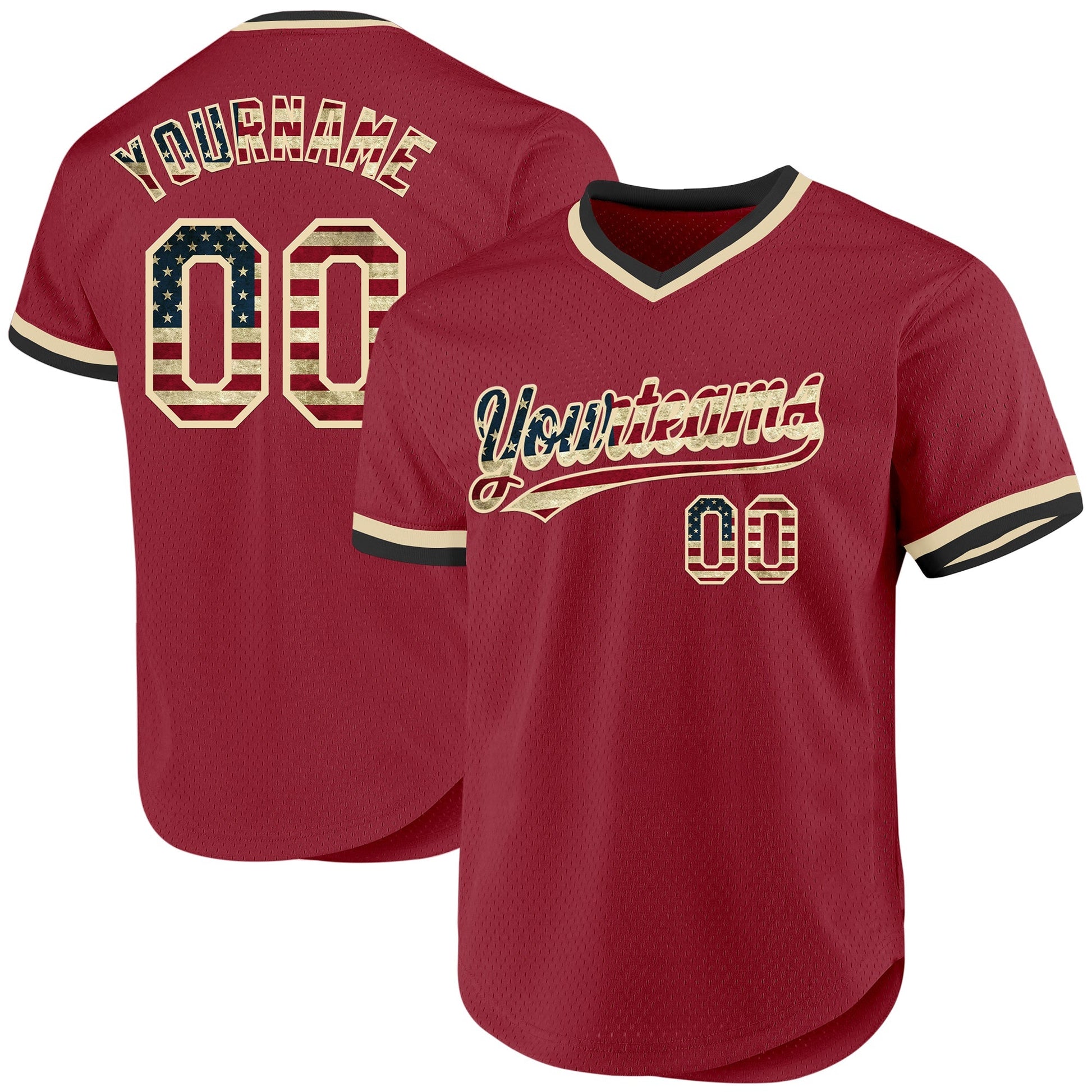 Custom Maroon Vintage USA Flag Cream-Black Authentic Throwback Baseball Jersey baseball jersey product view 1