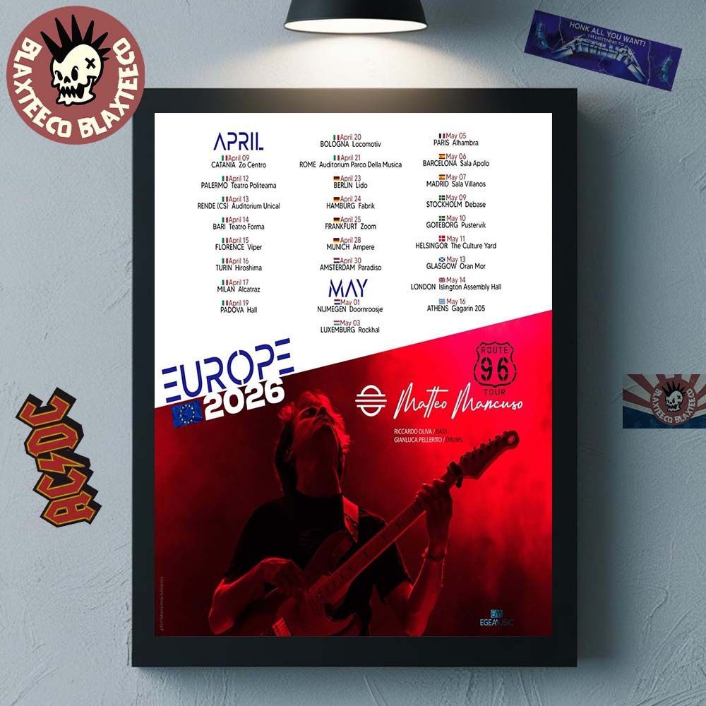 Matteo Mancuso Route 96 Europe 2026 Tour Schedule Dates Poster Canvas Unisex T-shirt, Sweatshirt, Hoodie, Long Sleeve Tee - T-Shirt, Sweatshirt, Hoodie