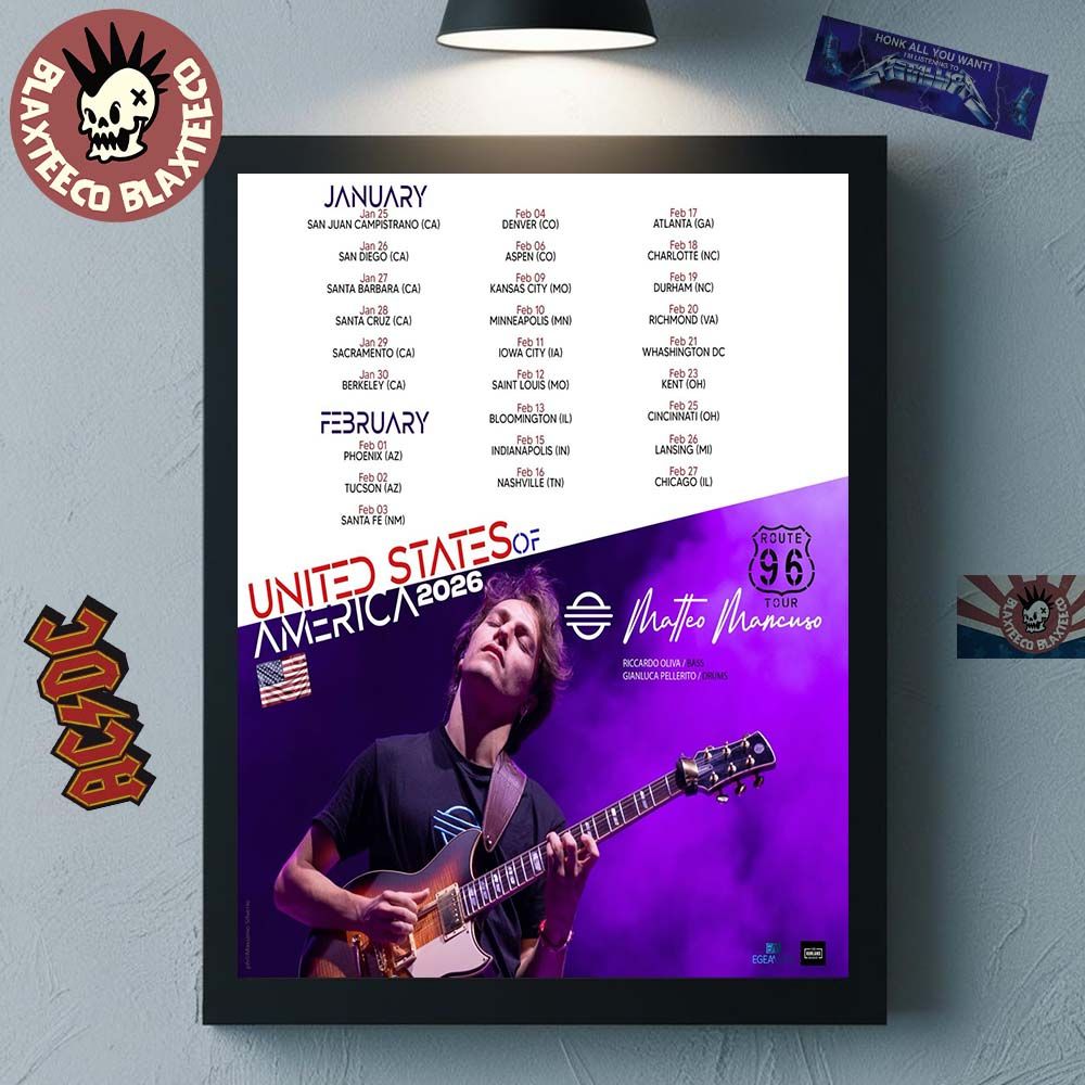 Matteo Mancuso Route 96 United States Of America 2026 Tour Schedule Dates Poster Canvas Unisex T-shirt, Sweatshirt, Hoodie, Long Sleeve Tee - T-Shirt, Sweatshirt, Hoodie