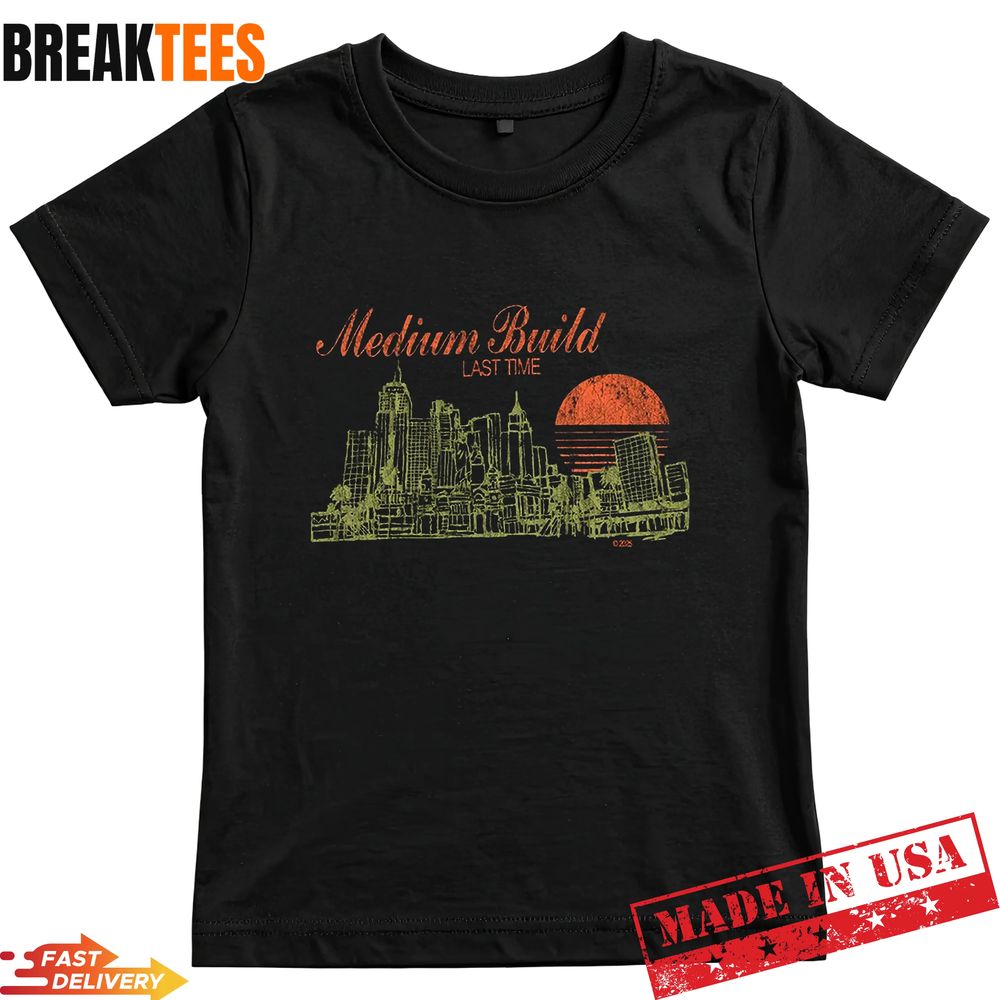 Medium Build Music Merch Shop Cityscape T-Shirt Unisex T-shirt, Sweatshirt, Hoodie, Long Sleeve Tee - T-Shirt, Sweatshirt, Hoodie