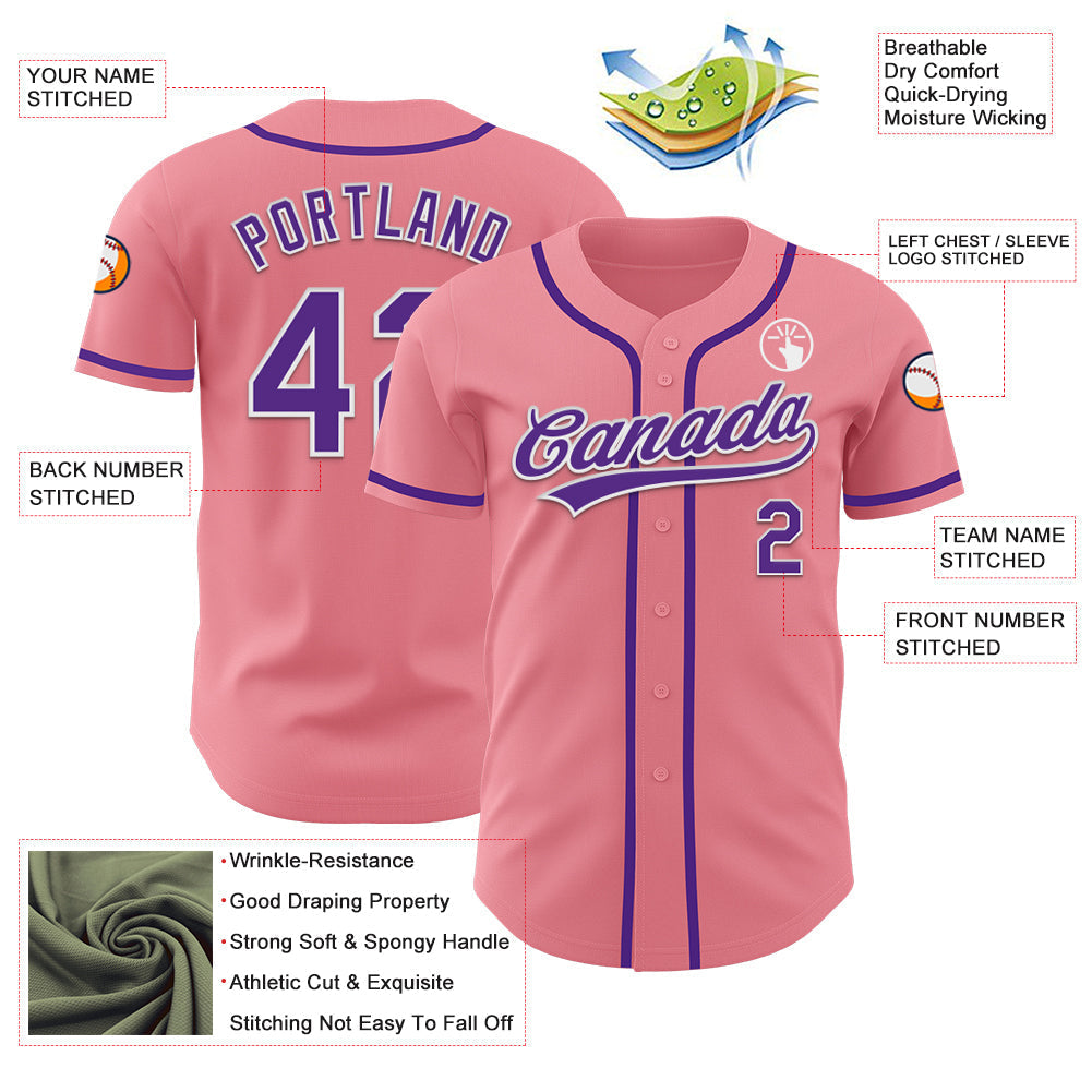 Custom Medium Pink Purple-White Authentic Baseball Jersey baseball jersey product view 3