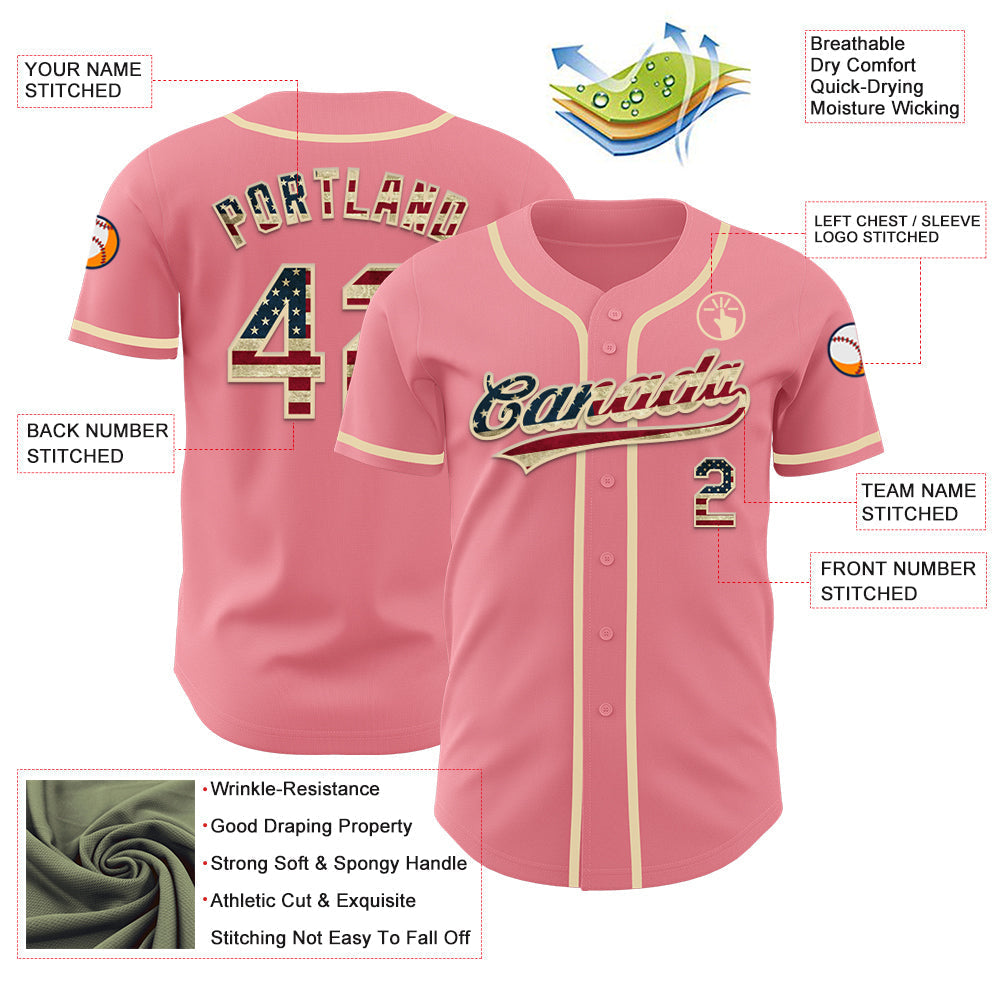 Custom Medium Pink Vintage USA Flag-Cream Authentic Baseball Jersey baseball jersey product view 3