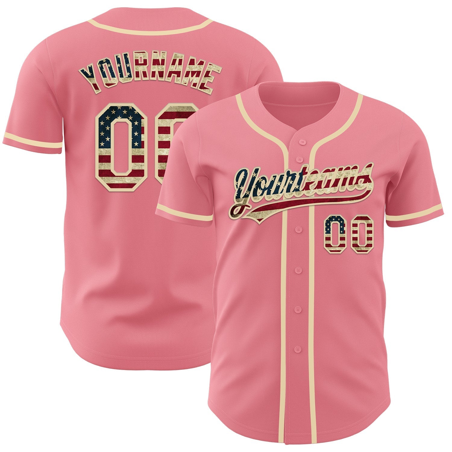 Custom Medium Pink Vintage USA Flag-Cream Authentic Baseball Jersey baseball jersey product view 1