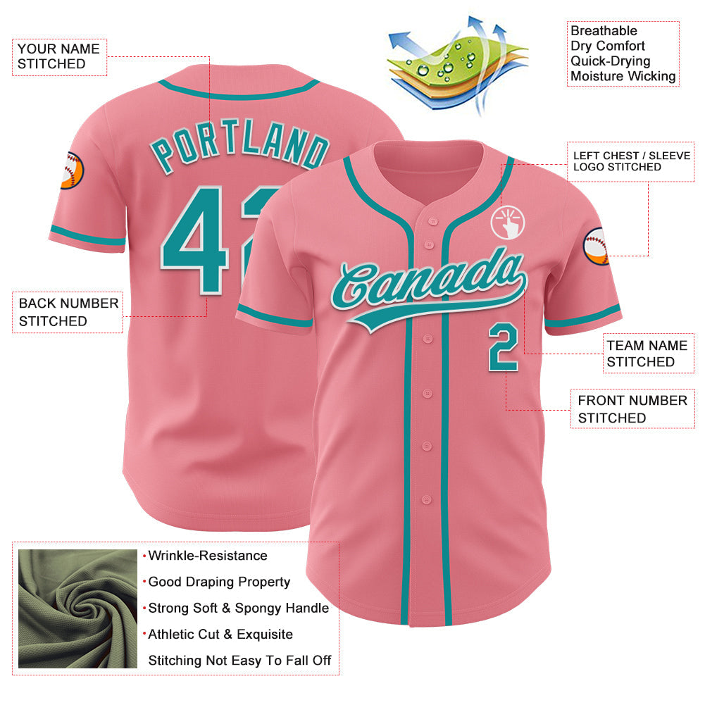 Custom Medium Pink Teal-White Authentic Baseball Jersey baseball jersey product view 3