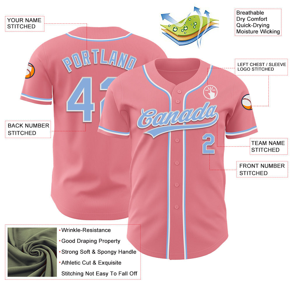 Custom Medium Pink Light Blue-White Authentic Baseball Jersey baseball jersey product view 3