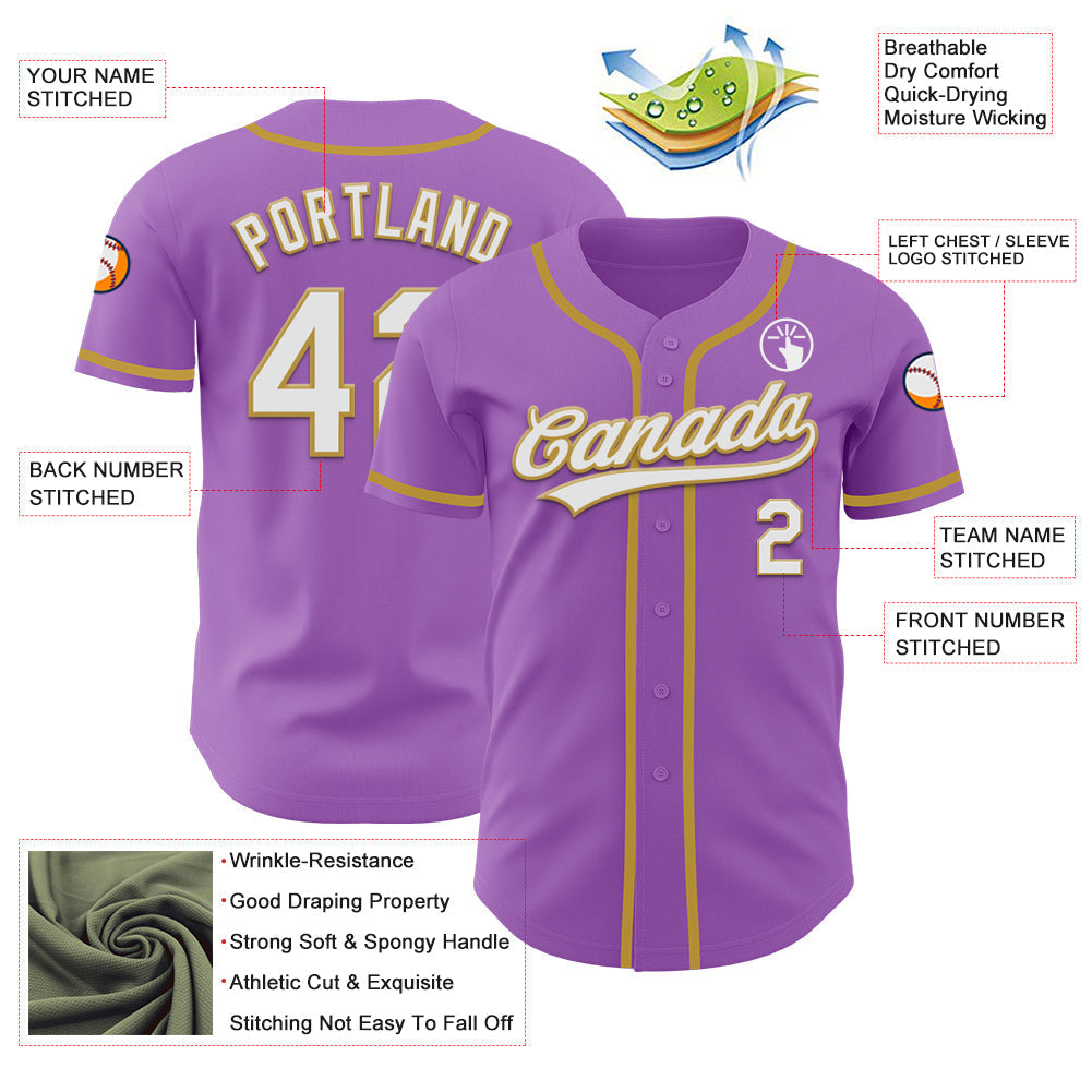 Custom Medium Purple White-Old Gold Authentic Baseball Jersey baseball jersey product view 3