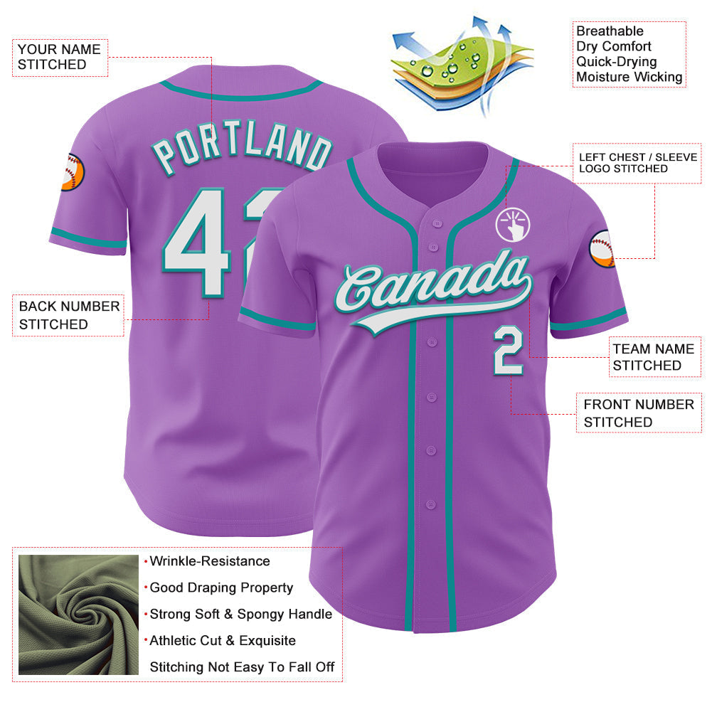 Custom Medium Purple White-Teal Authentic Baseball Jersey baseball jersey product view 3