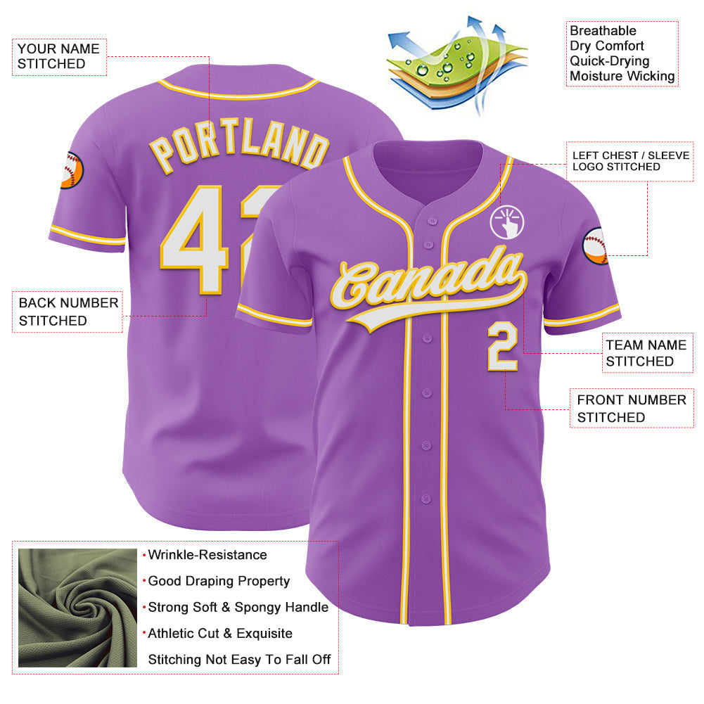 Custom Medium Purple White-Yellow Authentic Baseball Jersey baseball jersey product view 3