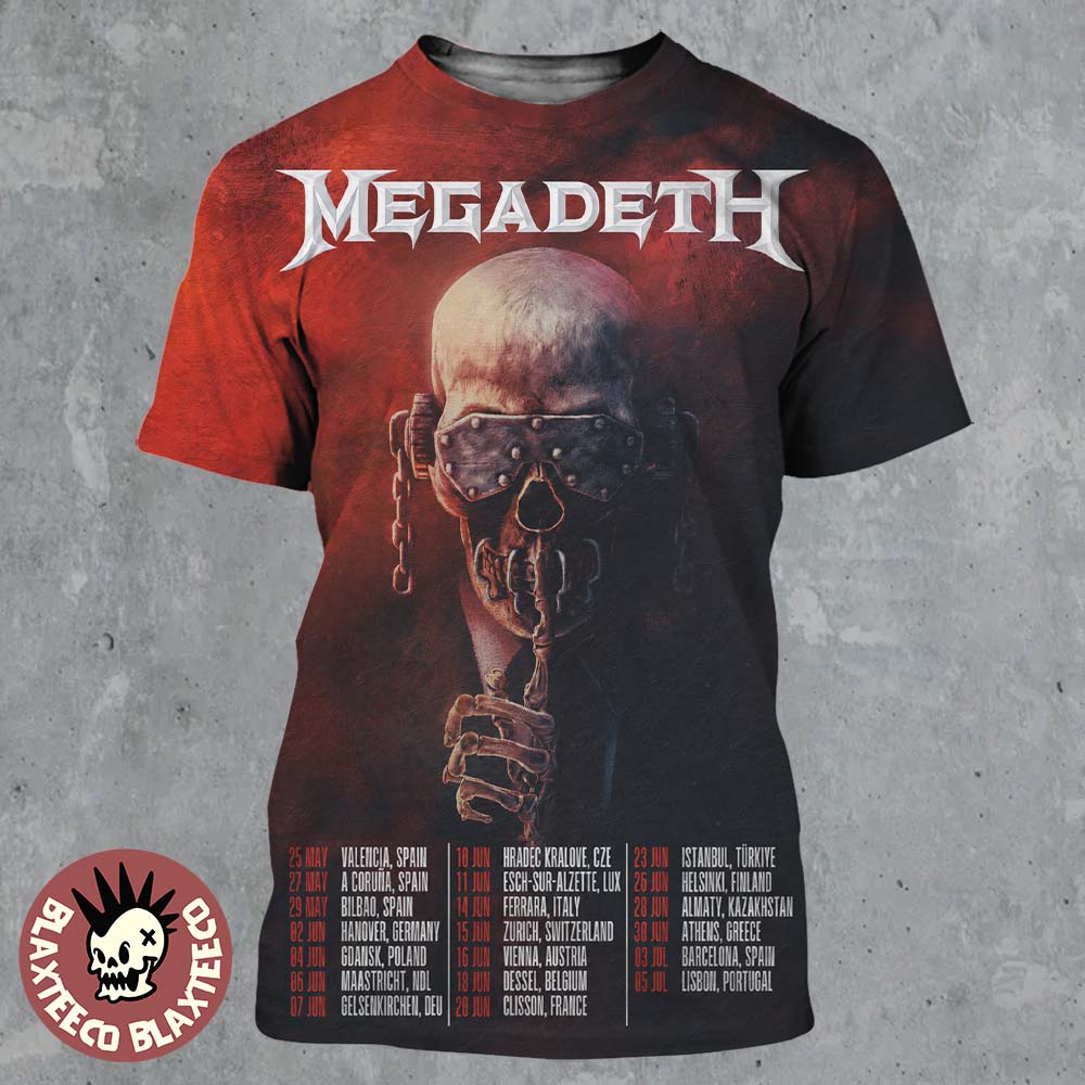 Megadeth 2026 Farewell Tour Europe Schedule Dates All Over Print Shirt Unisex T-shirt, Sweatshirt, Hoodie, Long Sleeve Tee - T-Shirt, Sweatshirt, Hoodie