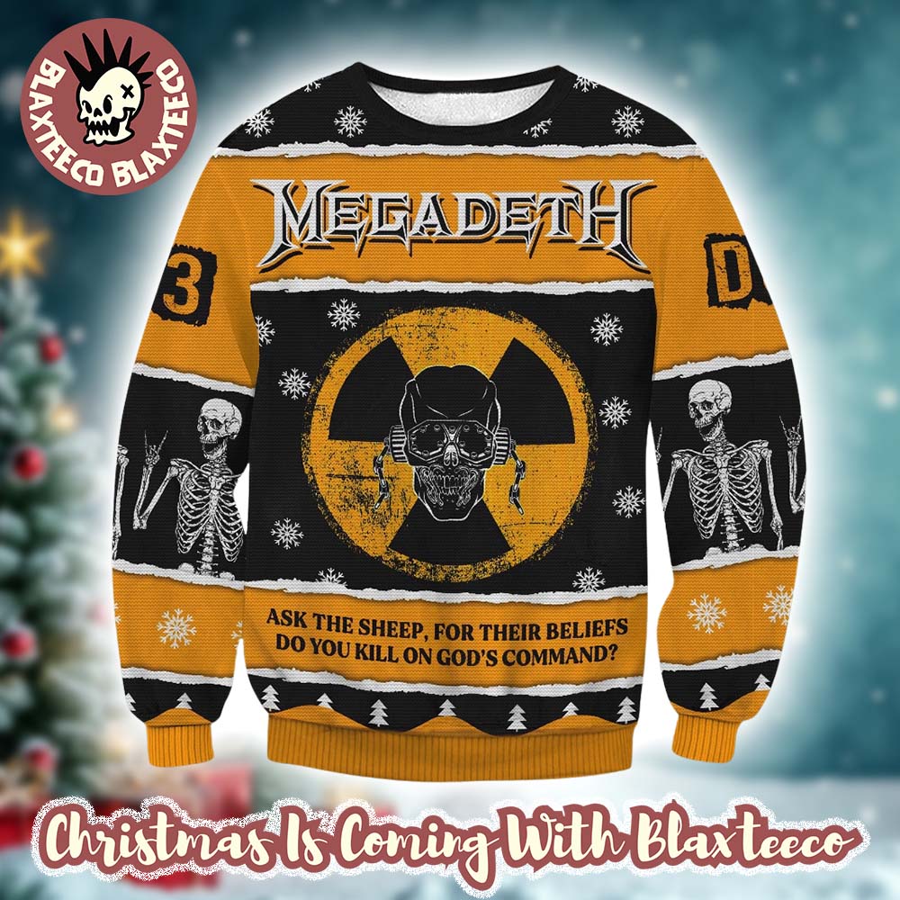 Megadeth Ask The Sheep For Their Beliefs Black And Yellow Ugly Christmas Sweater Unisex T-shirt, Sweatshirt, Hoodie, Long Sleeve Tee - T-Shirt, Sweatshirt, Hoodie