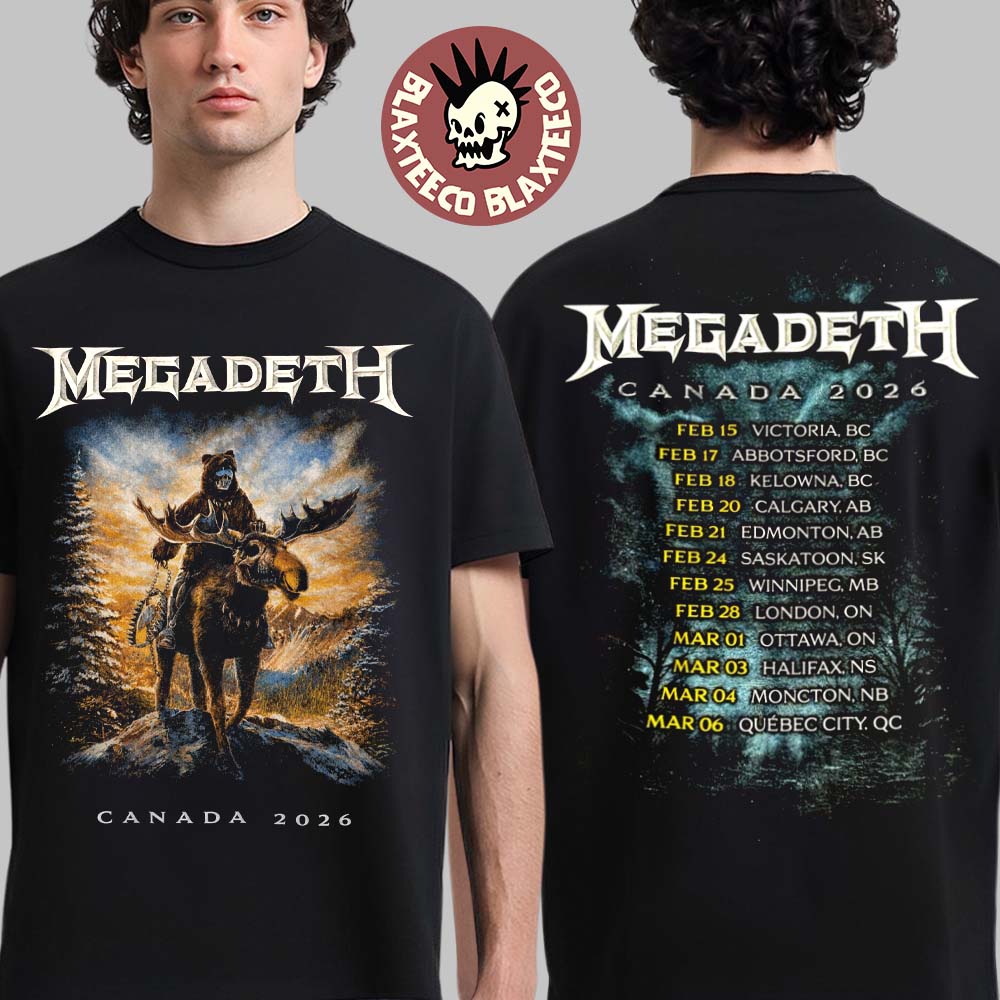 Megadeth Canada 2026 Tour Merch Vic Rattlehead Riding Reindeer With Dates Back Two Sided T-Shirt - T-Shirt, Sweatshirt, Hoodie