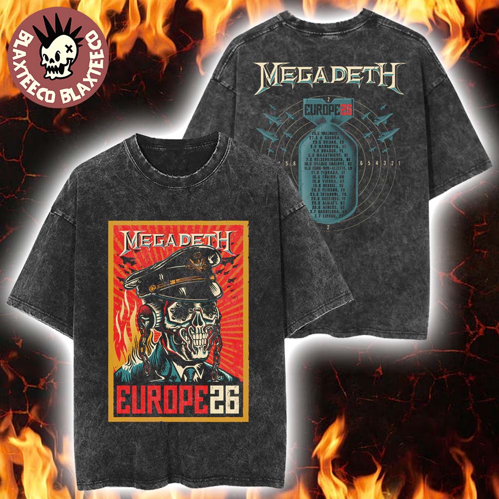 Megadeth Europe 2026 Tour Merch Commander Vic Over Europe Vintage Washed Tee Unisex T-shirt, Sweatshirt, Hoodie, Long Sleeve Tee - T-Shirt, Sweatshirt, Hoodie