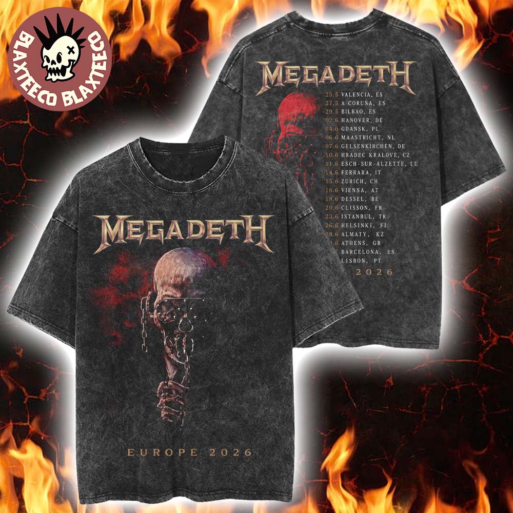 Megadeth Europe 2026 Tour Merch Vic Rattlehead With Dates Vintage Washed Tee Unisex T-shirt, Sweatshirt, Hoodie, Long Sleeve Tee - T-Shirt, Sweatshirt, Hoodie