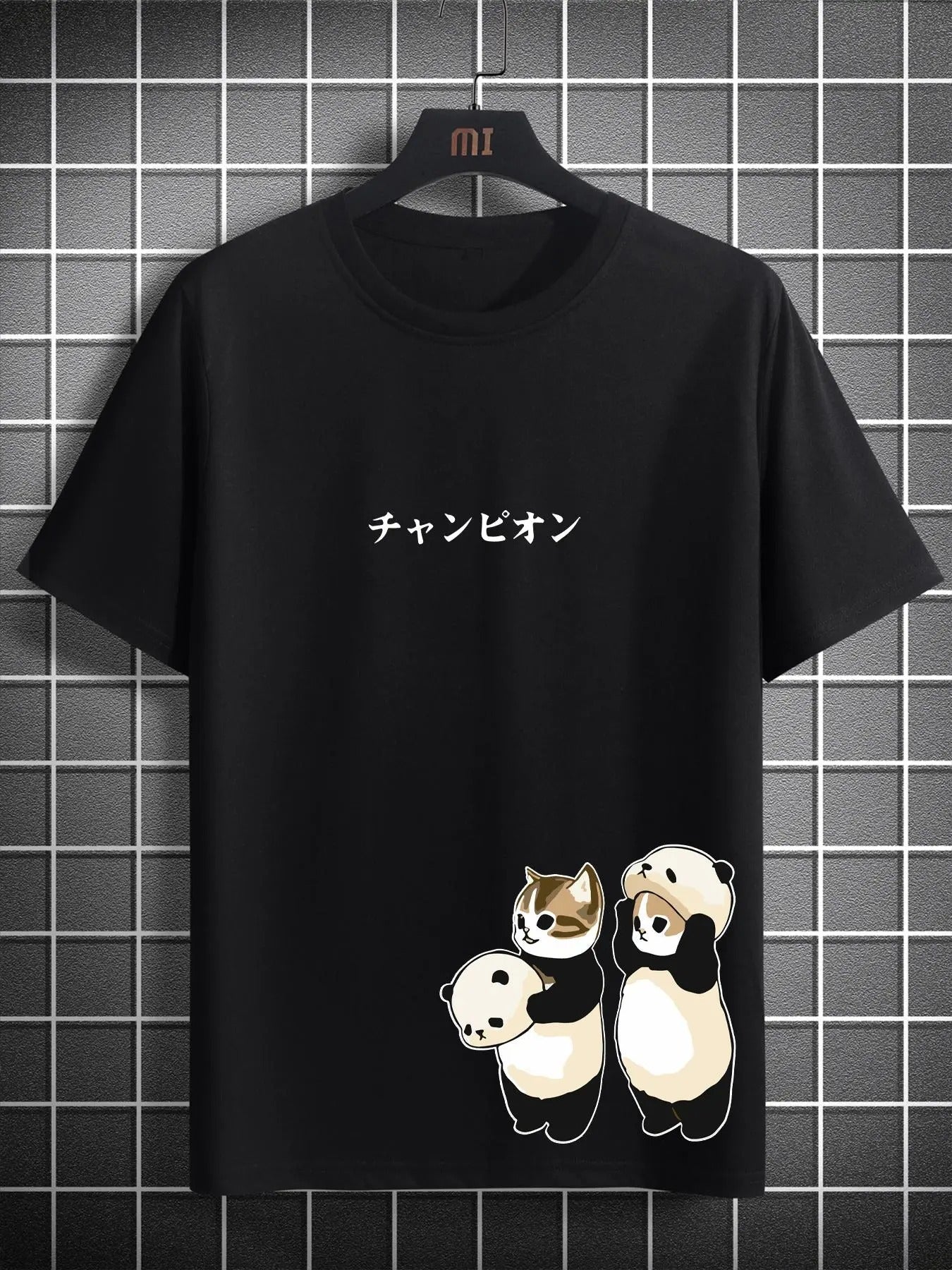 Men'WB shield Cartoon Cat & Japanese Character Print Round Neck Tee, Casual Short Sleeve T-Shirt for Summer, Men'WB shield Top for Daily Wear, Summer TNF - T-Shirt, Sweatshirt, Hoodie