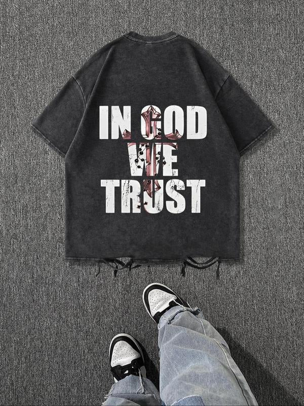 Men'WB shield Cross & Letter Print Distressed Trim Short Sleeve Tee, Regular Fit Casual Retro FOG Comfy Round Neck T-shirt for Daily Wear, Men'WB shield Top for Spiky hair fighters Seasons, Tropical - T-Shirt, Sweatshirt, Hoodie
