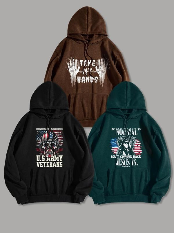Men'WB shield Letter & Flag Print Drop Shoulder TNF Lined Hoodie, Fashion Casual Regular Fit Graphic Drawstring Pocket Hooded Sweatshirt for Daily Holiday Outdoor Wear, Men TNF for Spring & Fall - T-Shirt, Sweatshirt, Hoodie
