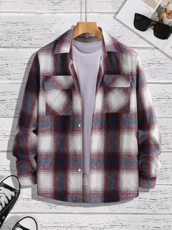 Men'WB shield Regular Fit Plaid Print Button Front Pocket Shirt, Casual Long Sleeve Collared Top for Fall & Winter, Men'WB shield Long Sleeve Tops for Daily Wear - T-Shirt, Sweatshirt, Hoodie