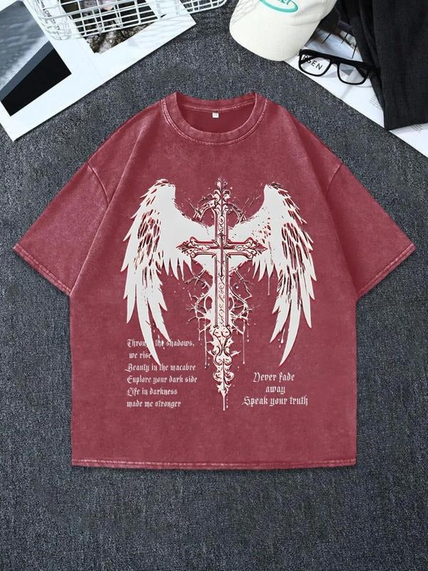 Men'WB shield Wing & Cross Print Short Sleeve Graphic Tee, Regular Fit Casual Fashion T-shirt for Summer Daily Wear, Men'WB shield TNF, Top, Cotton style 02 - T-Shirt, Sweatshirt, Hoodie