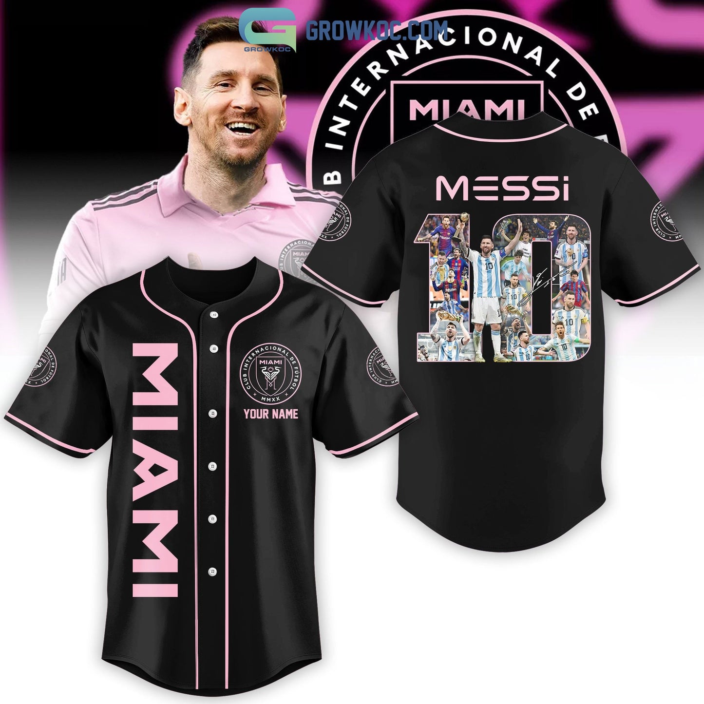 Messi 10 Miami FC Black Design Personalized Baseball Jersey baseball jersey product view 1
