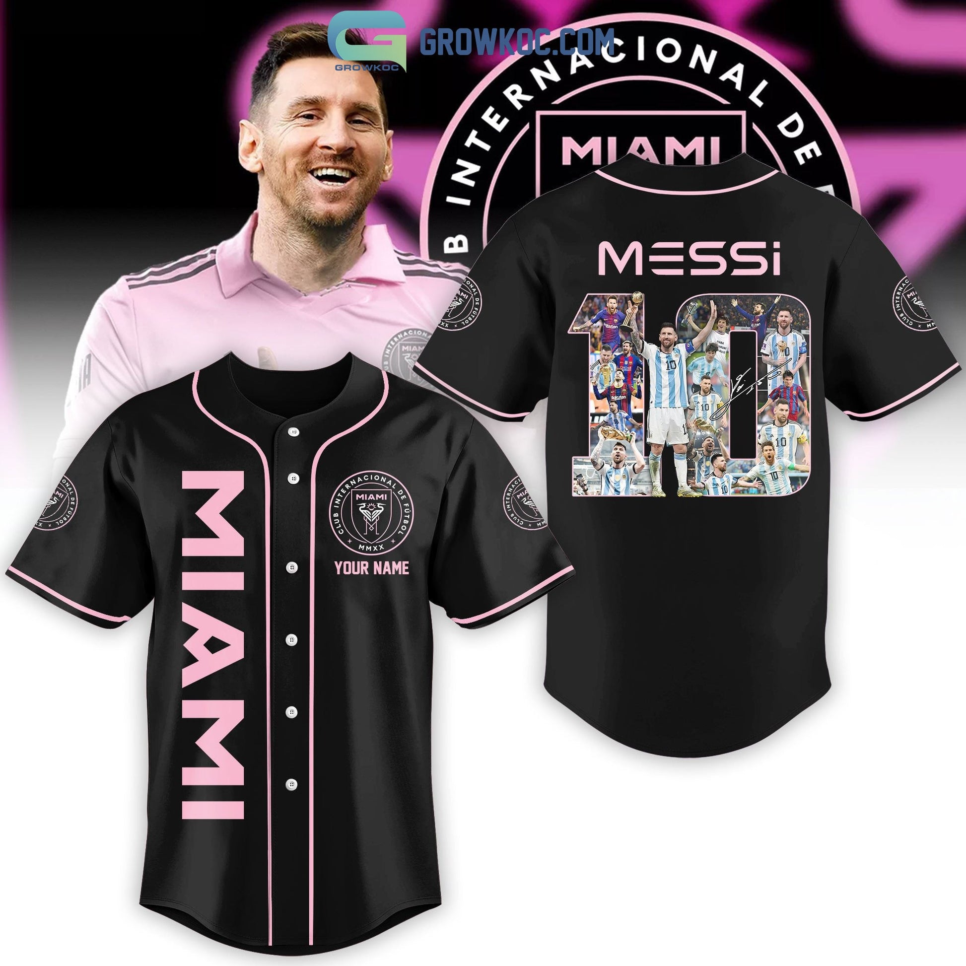 Messi 10 Miami FC Black Design Personalized Baseball Jersey baseball jersey product view 1