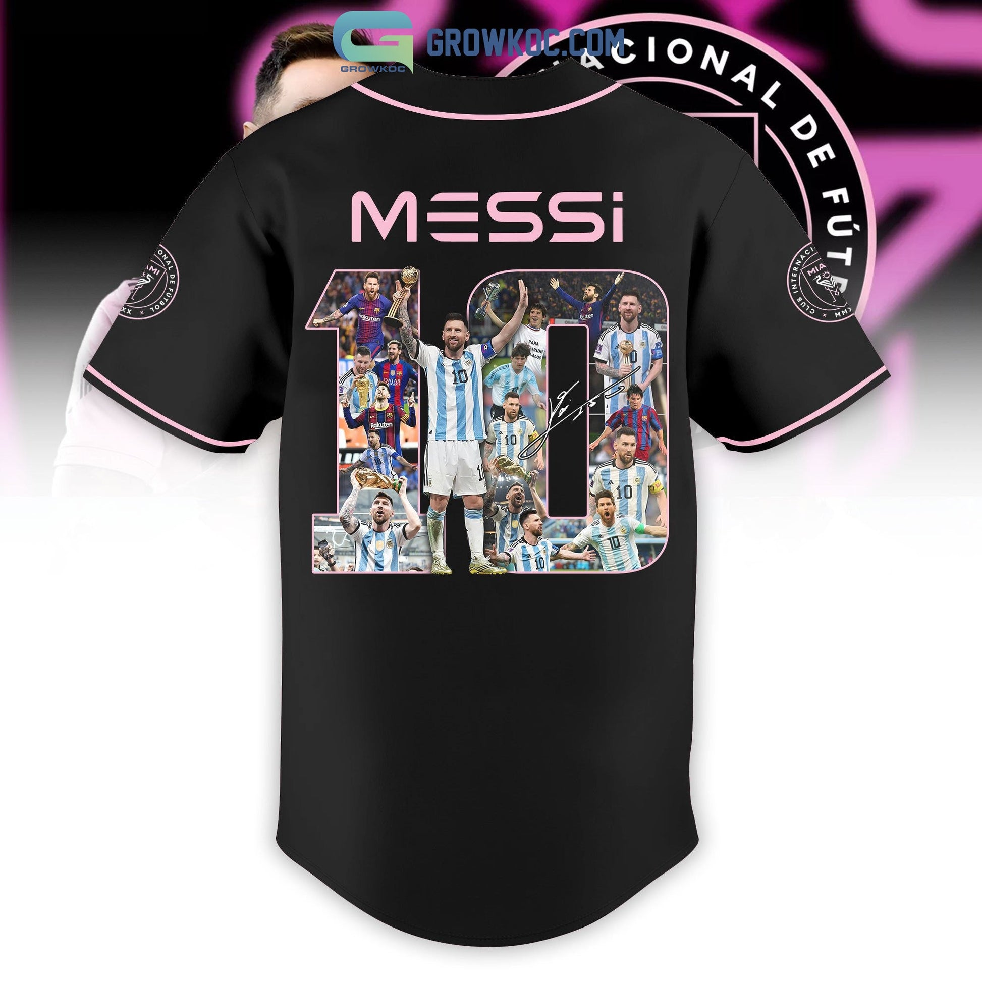 Messi 10 Miami FC Black Design Personalized Baseball Jersey baseball jersey product view 3