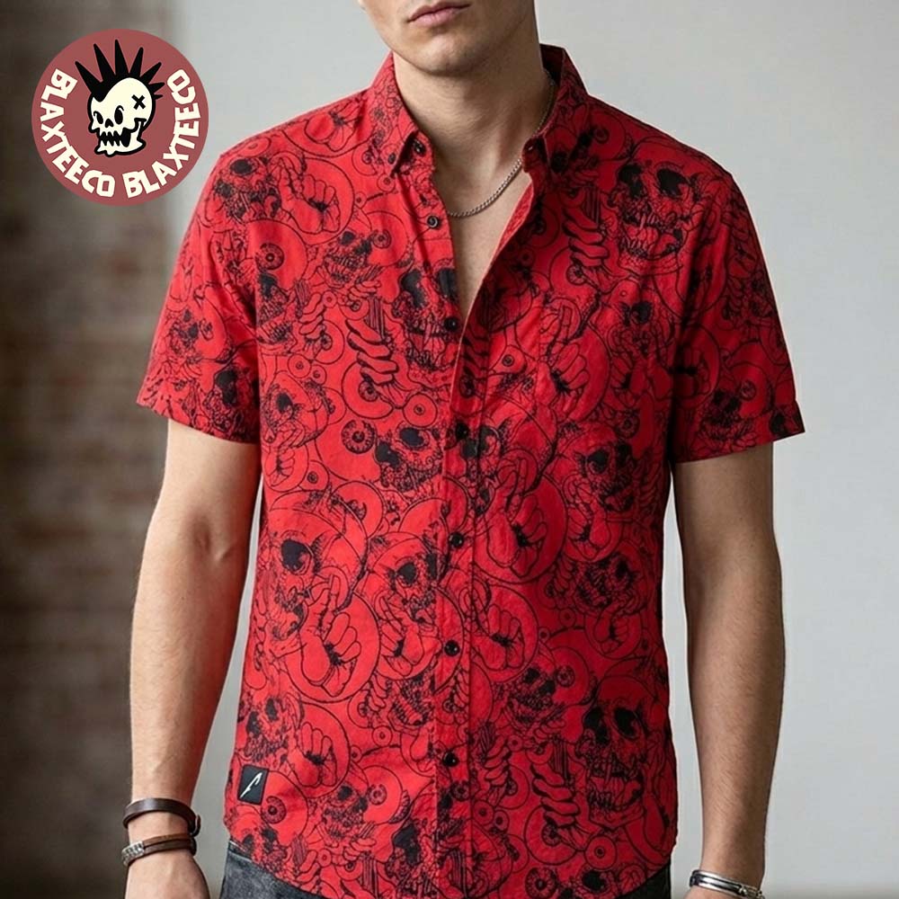 Metallica Black Skulls Red Button Up Hawaiian Shirt Unisex T-shirt, Sweatshirt, Hoodie, Long Sleeve Tee - T-Shirt, Sweatshirt, Hoodie
