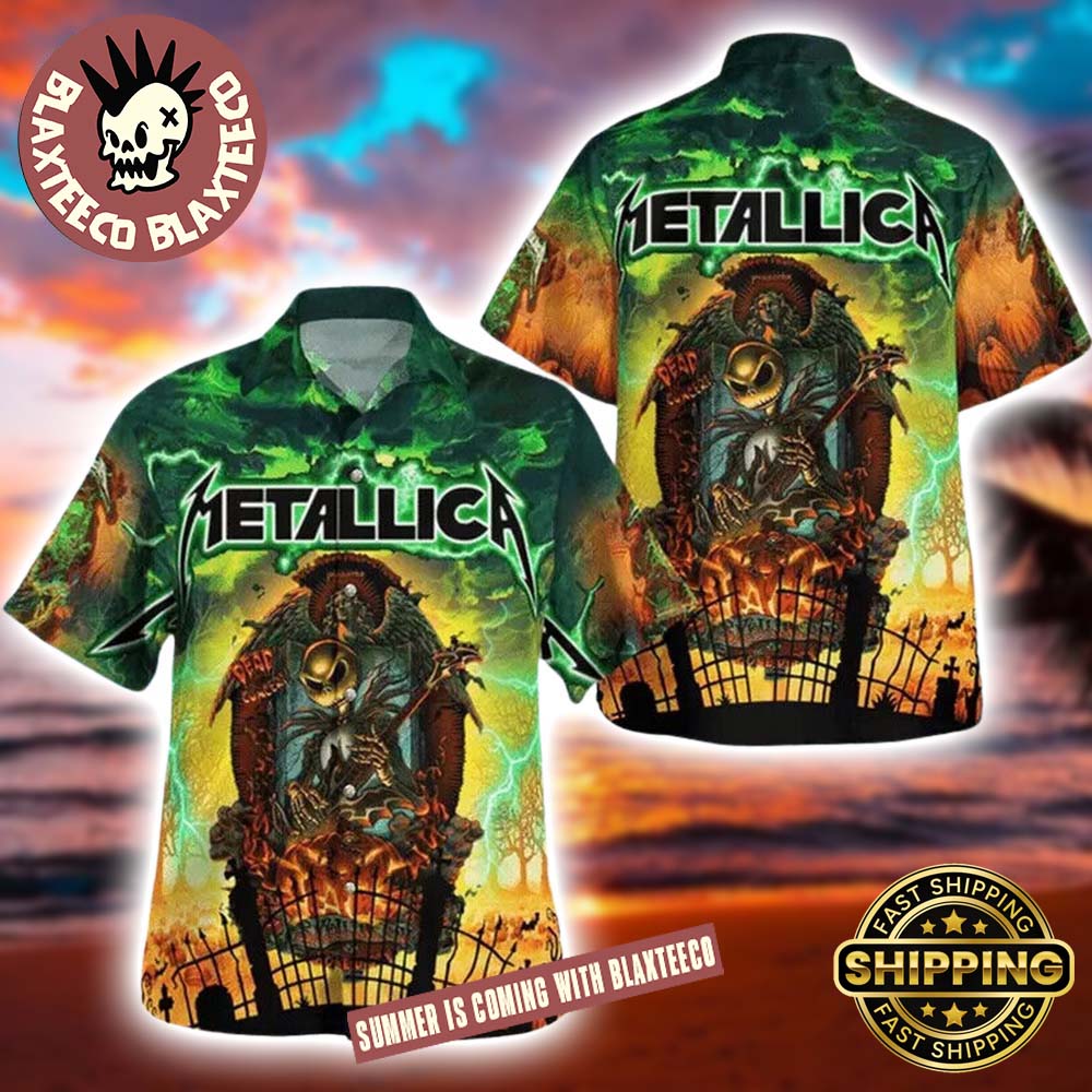 Metallica Jack Skellington Horror Style Summer 2025 Hawaiian Shirt Unisex T-shirt, Sweatshirt, Hoodie, Long Sleeve Tee - T-Shirt, Sweatshirt, Hoodie