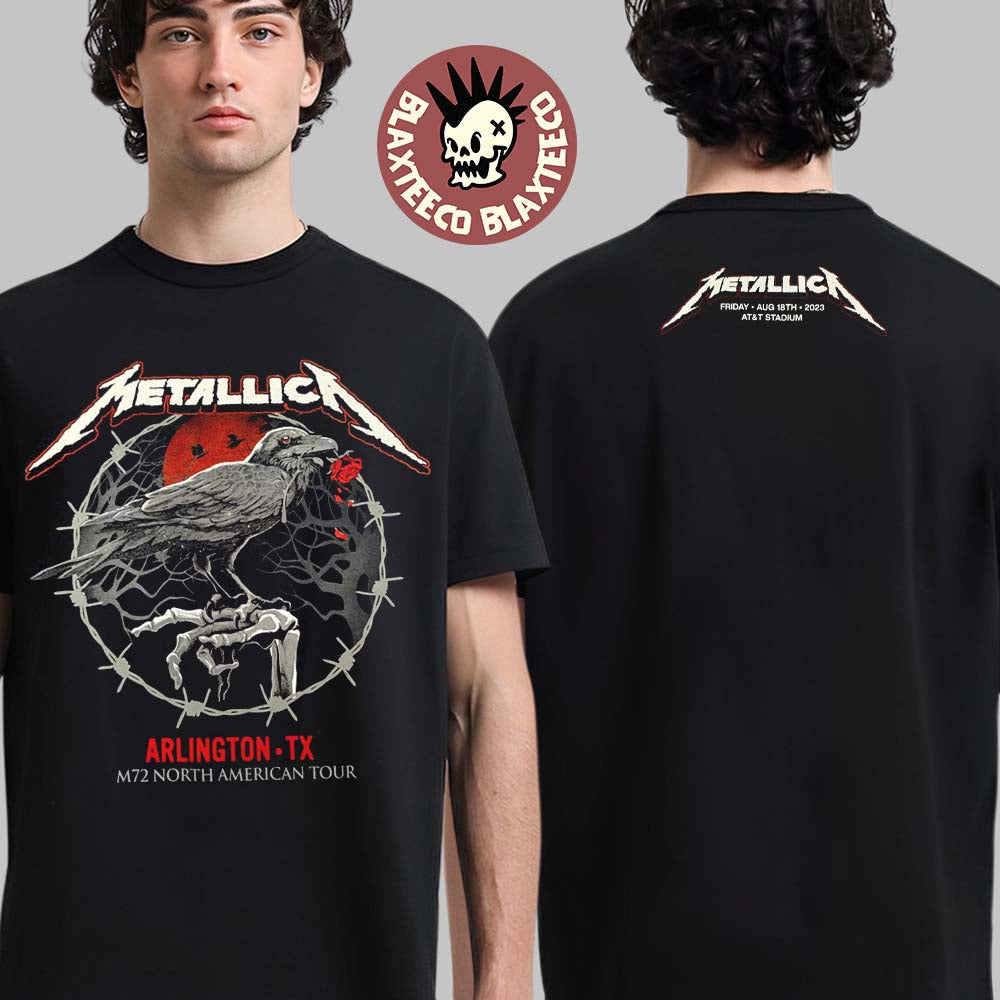 Metallica M72 Arlington Texas Night 1 Merch Tee M72 North American Tour On August 18 2023 The Crow Art Two Sides Unisex T-Shirt - T-Shirt, Sweatshirt, Hoodie