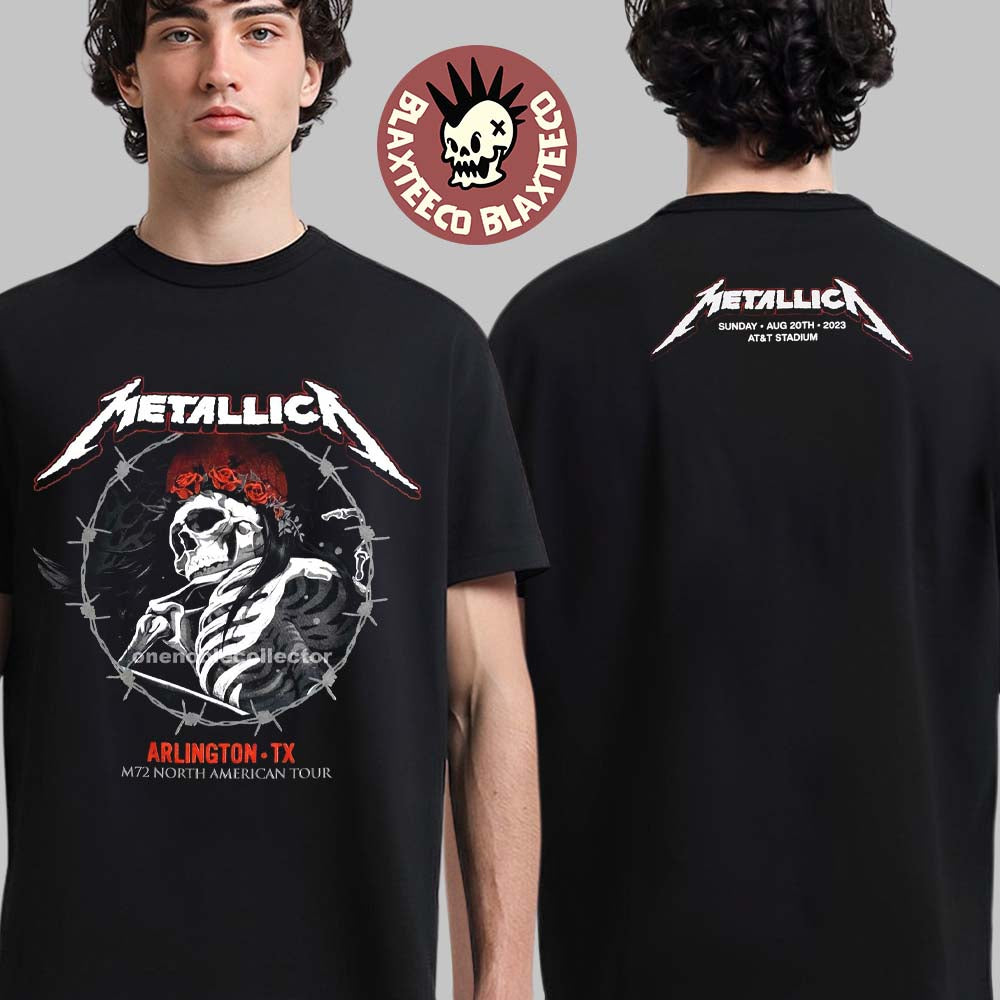 Metallica M72 Arlington Texas Night 2 Merch Tee M72 North American Tour On August 20 2023 The Skeleton Art Two Sides Unisex T-Shirt - T-Shirt, Sweatshirt, Hoodie