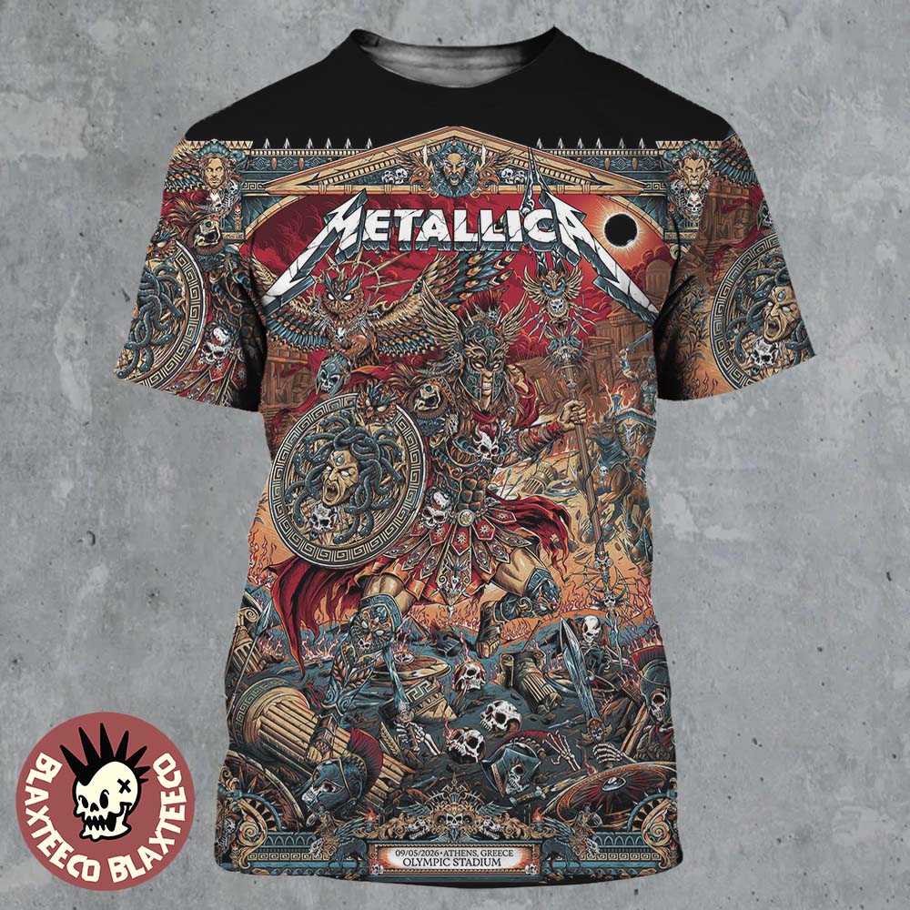 Metallica M72 Athens 2026 Pop Up Shop Poster At Greece Olympic Stadium On May 9 2026 The Warrior With Medusa Shield Art By Juan Ma Orozco All Over Print Shirt - T-Shirt, Sweatshirt, Hoodie