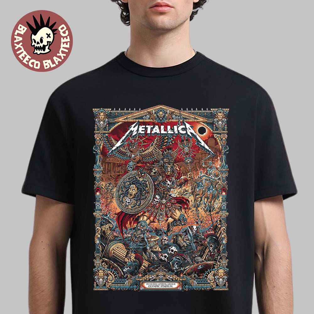 Metallica M72 Athens 2026 Pop Up Shop Poster At Greece Olympic Stadium On May 9 2026 The Warrior With Medusa Shield Art By Juan Ma Orozco T-Shirt - T-Shirt, Sweatshirt, Hoodie