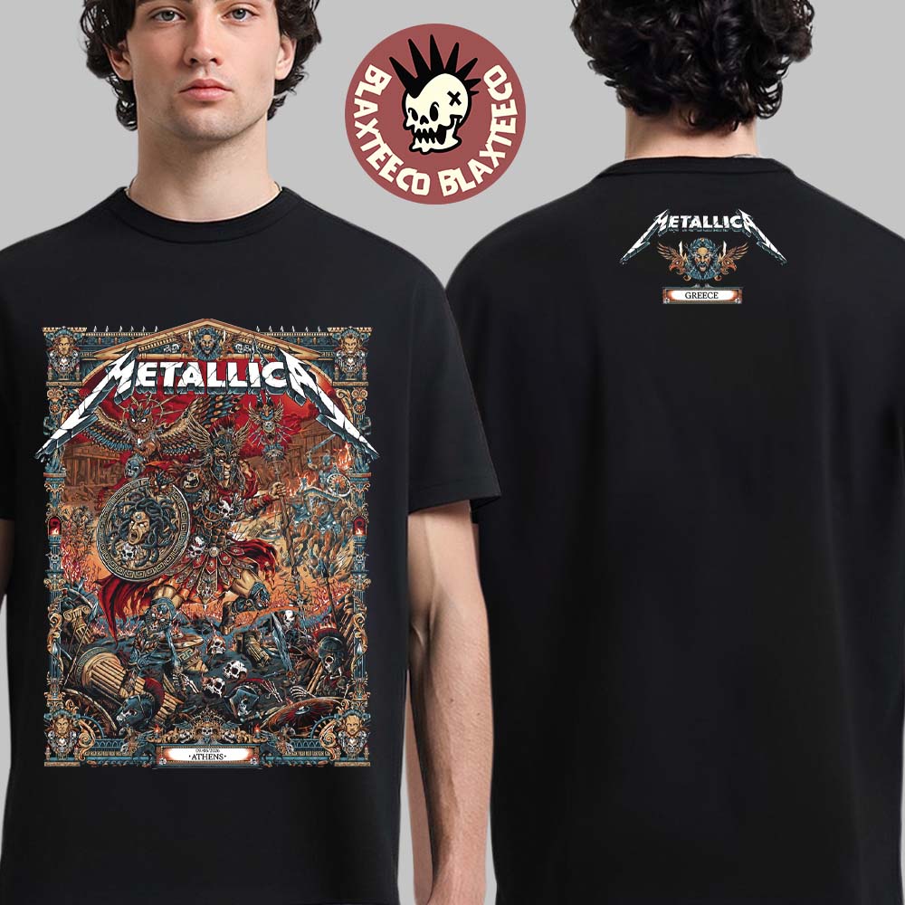 Metallica M72 Athens 2026 Venue Merch Tee At Greece Olympic Stadium On May 9 2026 The Warrior With Medusa Shield By Juan Ma Orozco Two Sided T-Shirt - T-Shirt, Sweatshirt, Hoodie