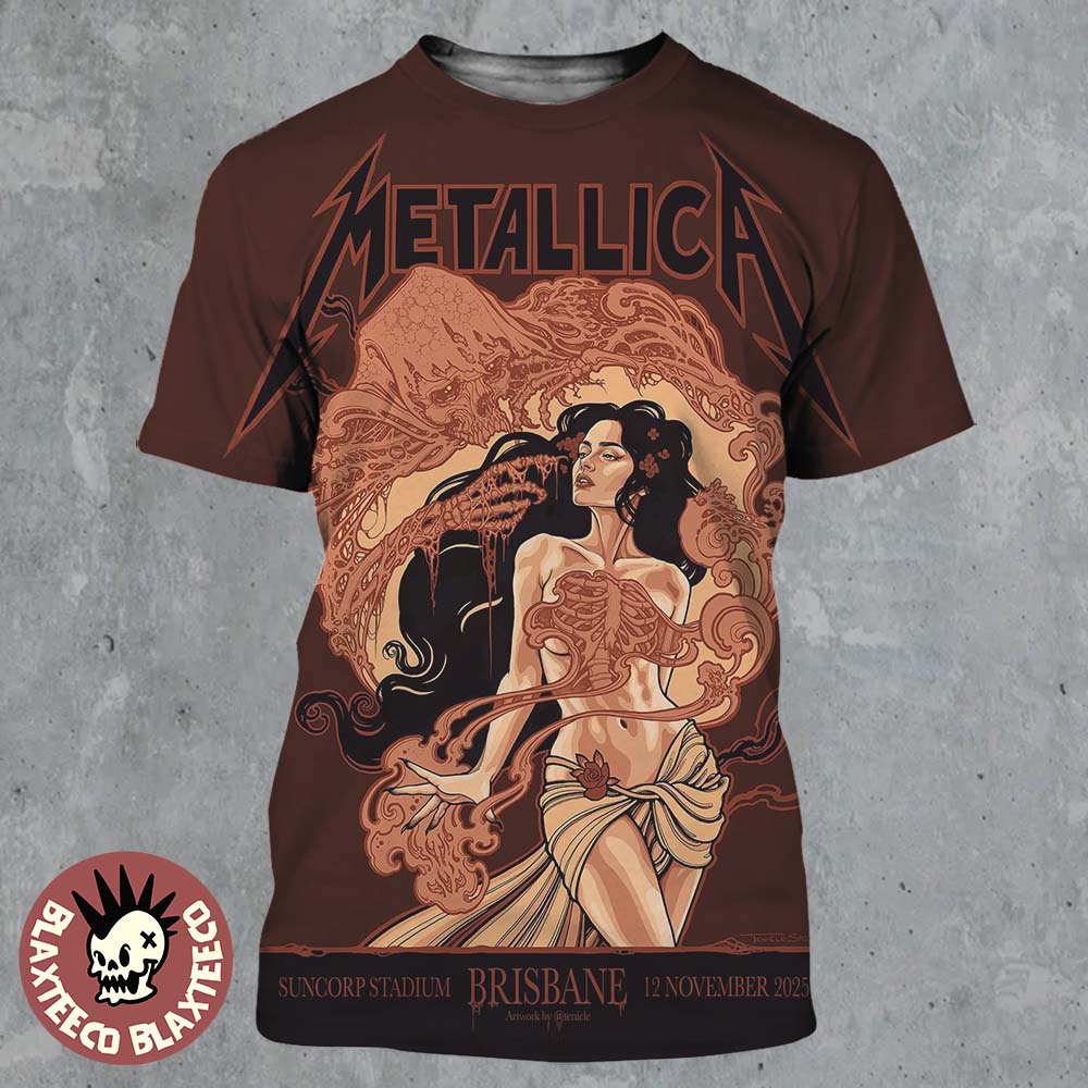 Metallica M72 Brisbane Venue Poster At Australia Suncorp Stadium On 12 November 2025 Art Nouveau The Woman With Skeletal All Over Print Shirt - T-Shirt, Sweatshirt, Hoodie