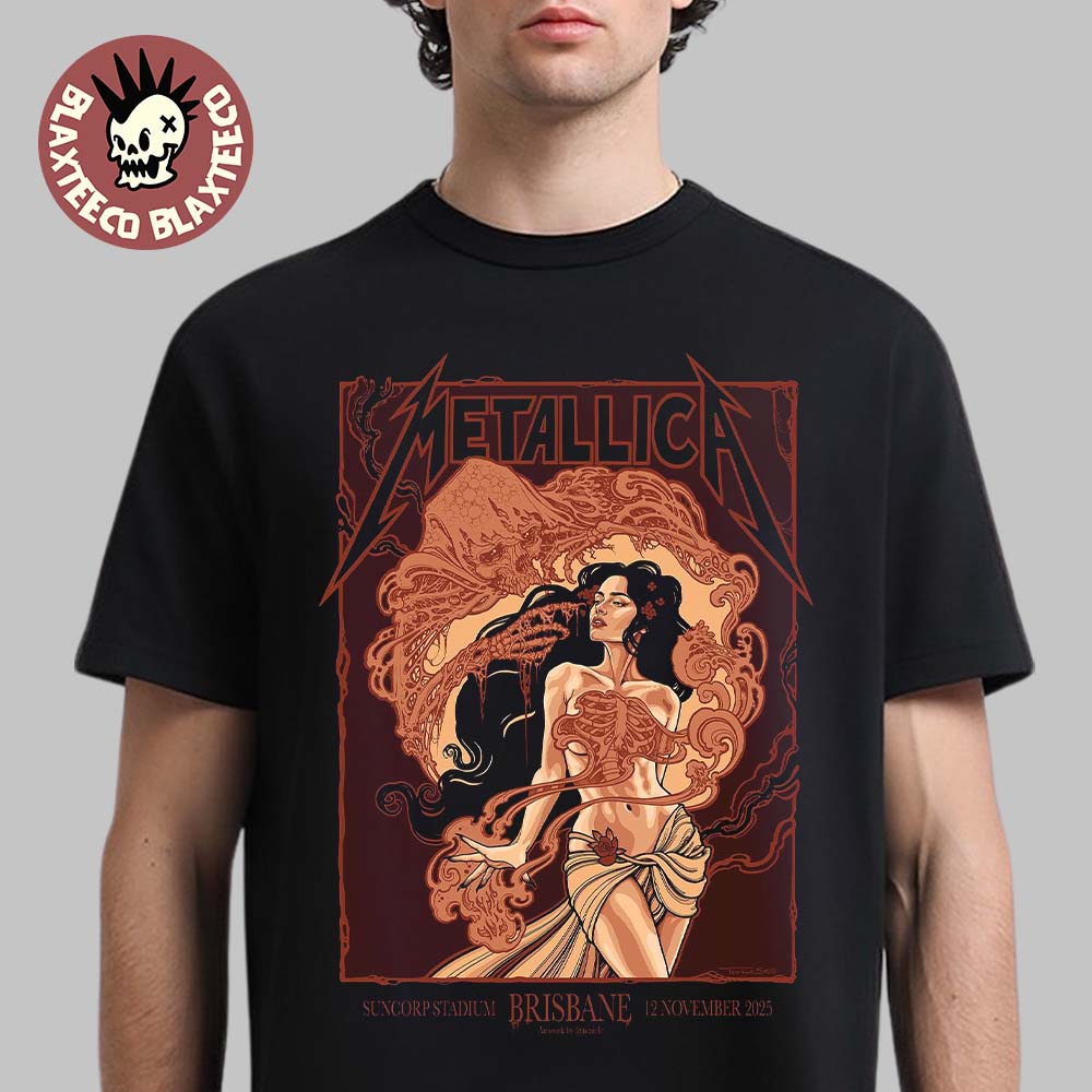 Metallica M72 Brisbane Venue Poster At Australia Suncorp Stadium On 12 November 2025 Art Nouveau The Woman With Skeletal T-Shirt - T-Shirt, Sweatshirt, Hoodie