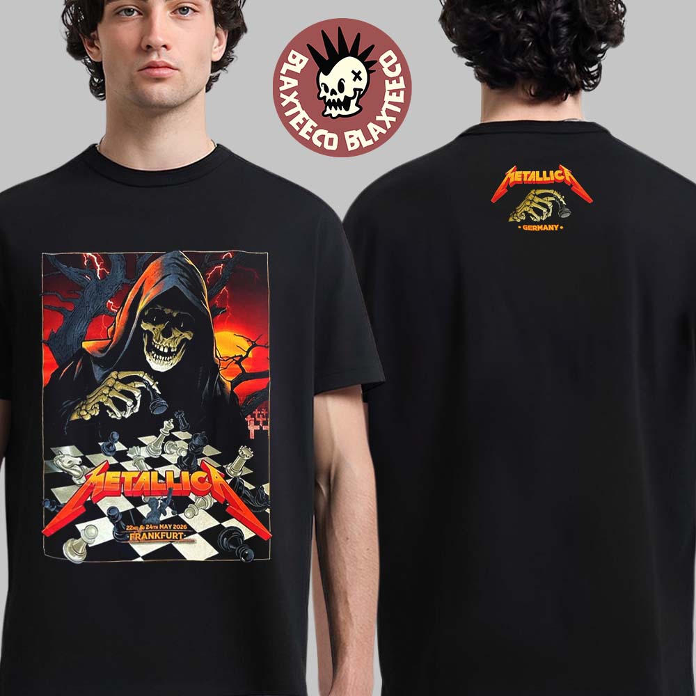 Metallica M72 Frankfurt 2026 Pop Up Shop Merch Tee At Frankfurt Germany Deutsche Bank Park On 22 And 24 May 2026 Skeleton Playing Chess Two Sided T-Shirt - T-Shirt, Sweatshirt, Hoodie