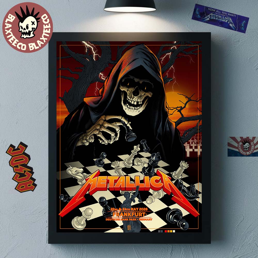 Metallica M72 Frankfurt 2026 Pop Up Shop Poster At Frankfurt Germany Deutsche Bank Park On 22 And 24 May 2026 Skeleton Playing Chess Art Poster Canvas - T-Shirt, Sweatshirt, Hoodie