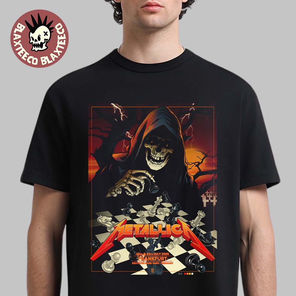 Metallica M72 Frankfurt 2026 Pop Up Shop Poster At Frankfurt Germany Deutsche Bank Park On 22 And 24 May 2026 Skeleton Playing Chess Art T-Shirt - T-Shirt, Sweatshirt, Hoodie