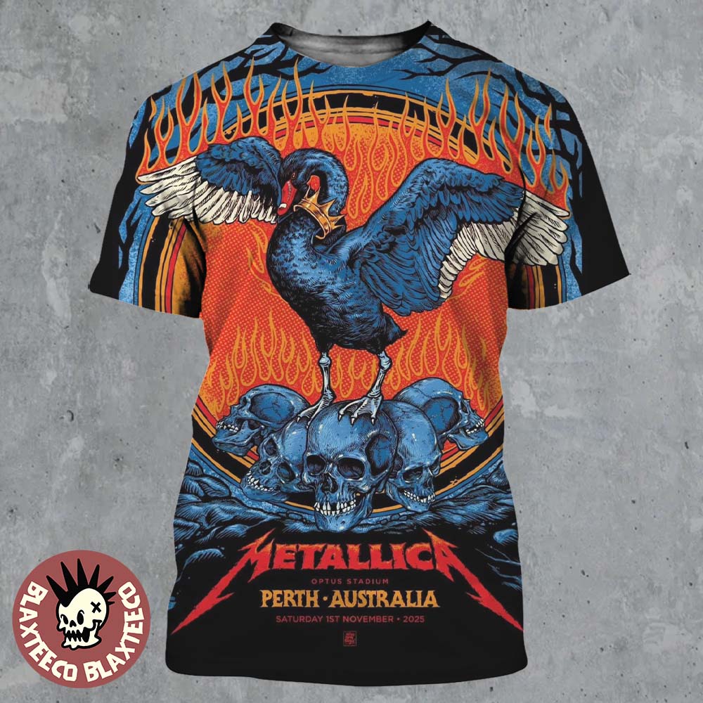 Metallica M72 Perth Australia 2025 Venue Poster At Optus Stadium On 1 November 2025 Black Swan And Skulls Art All Over Print Shirt - T-Shirt, Sweatshirt, Hoodie