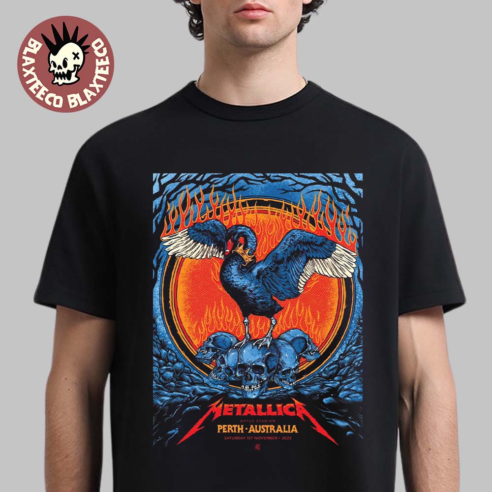 Metallica M72 Perth Australia 2025 Venue Poster At Optus Stadium On 1 November 2025 Black Swan And Skulls Art Essentials T-Shirt - T-Shirt, Sweatshirt, Hoodie