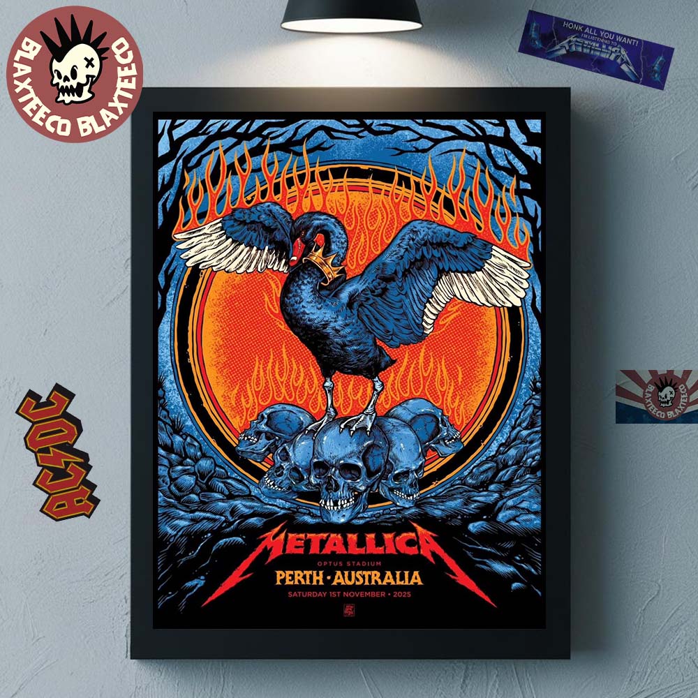 Metallica M72 Perth Australia 2025 Venue Poster At Optus Stadium On 1 November 2025 Black Swan And Skulls Art Home Decor Poster Canvas - T-Shirt, Sweatshirt, Hoodie