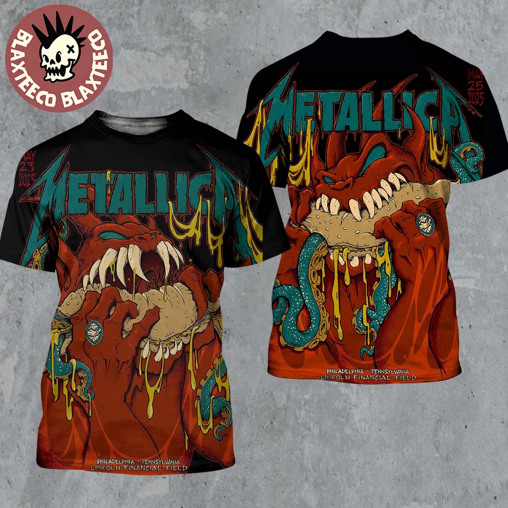 Metallica M72 Philly 2025 Night 1 And 2 Venue Combined Poster In Philadelphia Pennsylvania At Lincoln Financial Field On May 23 And 25 2025 Red Demons Eating Sandwich All Over Print Shirt - T-Shirt, Sweatshirt, Hoodie