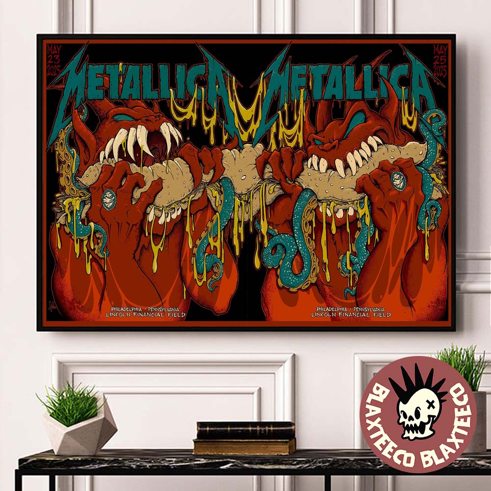 Metallica M72 Philly 2025 Night 1 And 2 Venue Combined Poster In Philadelphia Pennsylvania At Lincoln Financial Field On May 23 And 25 2025 Red Demons Eating Sandwich Poster Canvas - T-Shirt, Sweatshirt, Hoodie