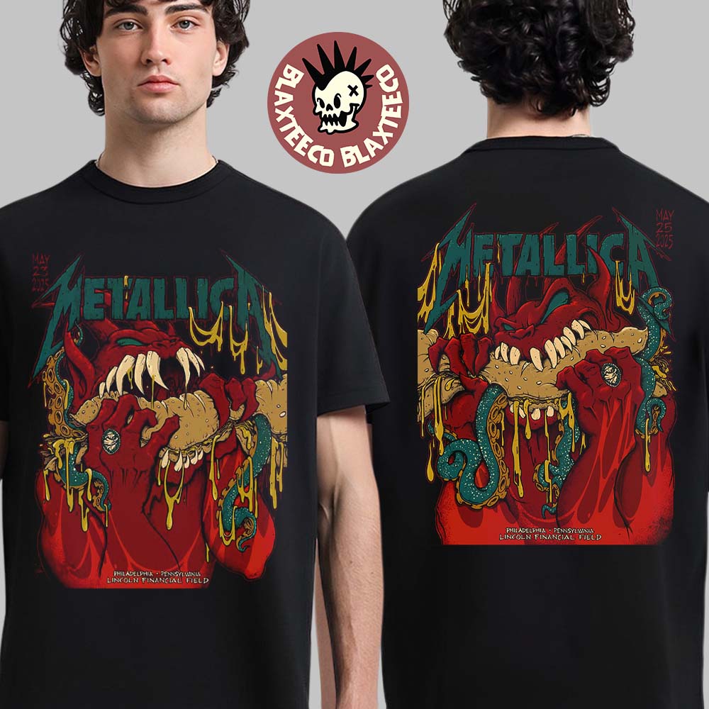 Metallica M72 Philly 2025 Night 1 And 2 Venue Combined Poster In Philadelphia Pennsylvania At Lincoln Financial Field On May 23 And 25 2025 Red Demons Eating Sandwich Two Sided T-Shirt - T-Shirt, Sweatshirt, Hoodie