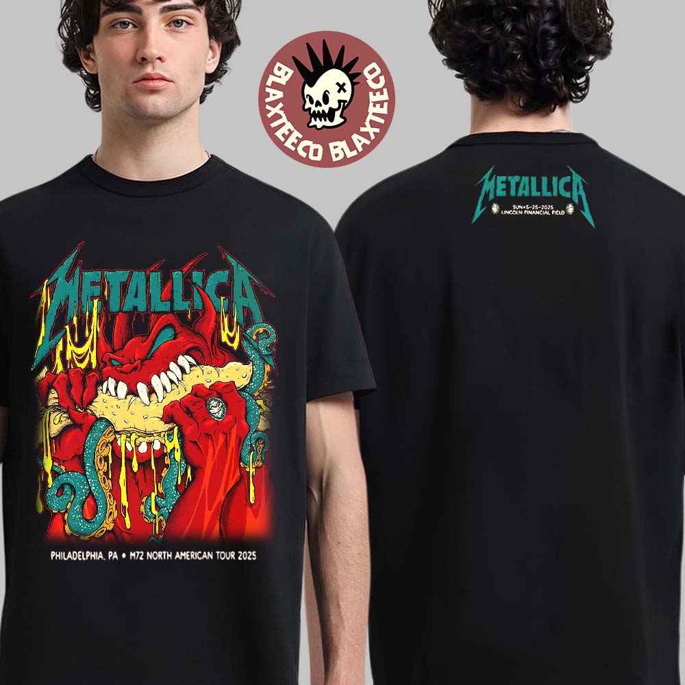 Metallica M72 Philly 2025 Night 2 Venue Tee In Philadelphia Pennsylvania At Lincoln Financial Field On May 25 2025 Red Demon Art Two Sided Unisex T-Shirt - T-Shirt, Sweatshirt, Hoodie