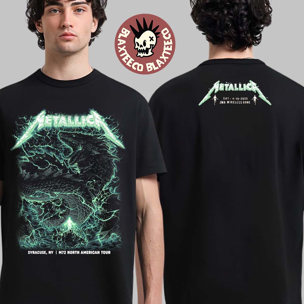 Metallica M72 Syracuse New York Merch At JMA Wireless Dome On April 19 2025 Met On Tour Thunder Sea Dragon Artwork Two Sided Unisex T-Shirt - T-Shirt, Sweatshirt, Hoodie