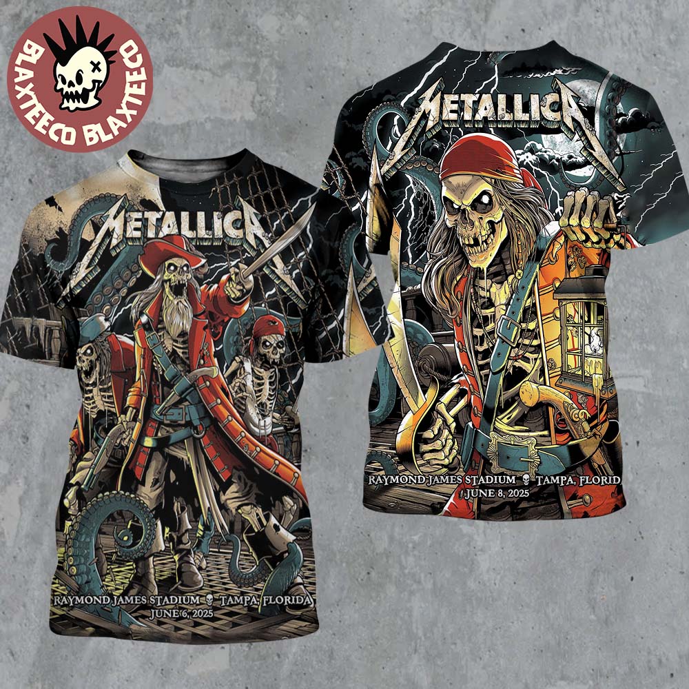 Metallica M72 Tampa 2025 Night 1 And 2 Venue Poster Combined In Tampa Florida At Raymond James On June 6 And 8 2025 The Pirate Skeletons Art Two Sided All Over Print Shirt - T-Shirt, Sweatshirt, Hoodie