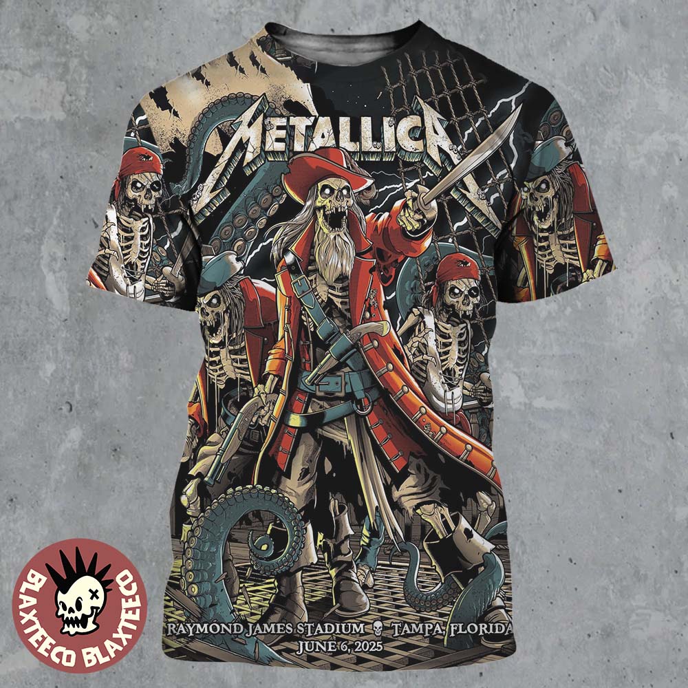 Metallica M72 Tampa 2025 Night 1 Venue Poster In Tampa Florida At Raymond James On June 6 2025 The Pirate Skeletons Art All Over Print Shirt - T-Shirt, Sweatshirt, Hoodie